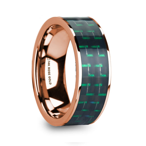 ISADORIOS Men’s Polished 14k Rose Gold Flat Ring with Black & Green Carbon Fiber Inlay - 8mm