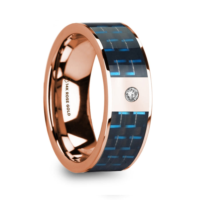 KYROS Polished 14k Rose Gold Diamond Wedding Ring with Blue & Black Carbon Fiber Inlay - 8mm