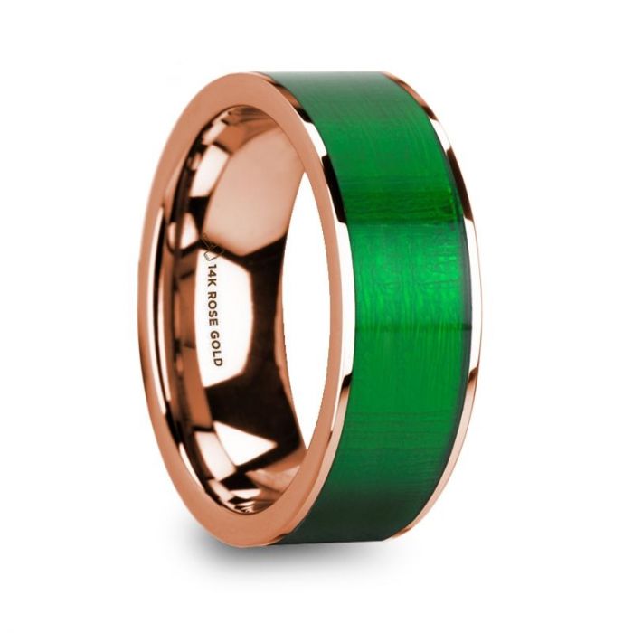 LYSANDER Polished 14k Rose Gold Men’s Wedding Ring with Textured Green Inlay - 8mm