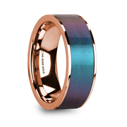 LOUKAS Blue & Purple Color Changing Inlaid Polished 14k Rose Gold Men’s Wedding Ring - 8mm