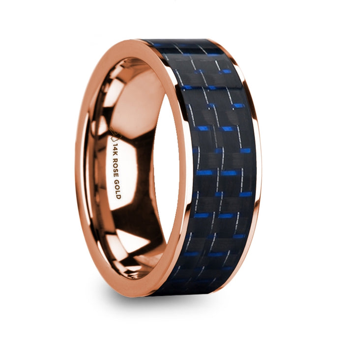 MARKOS Blue & Black Carbon Fiber Inlaid Polished 14k Rose Gold Men’s Flat Wedding Ring - 8mm