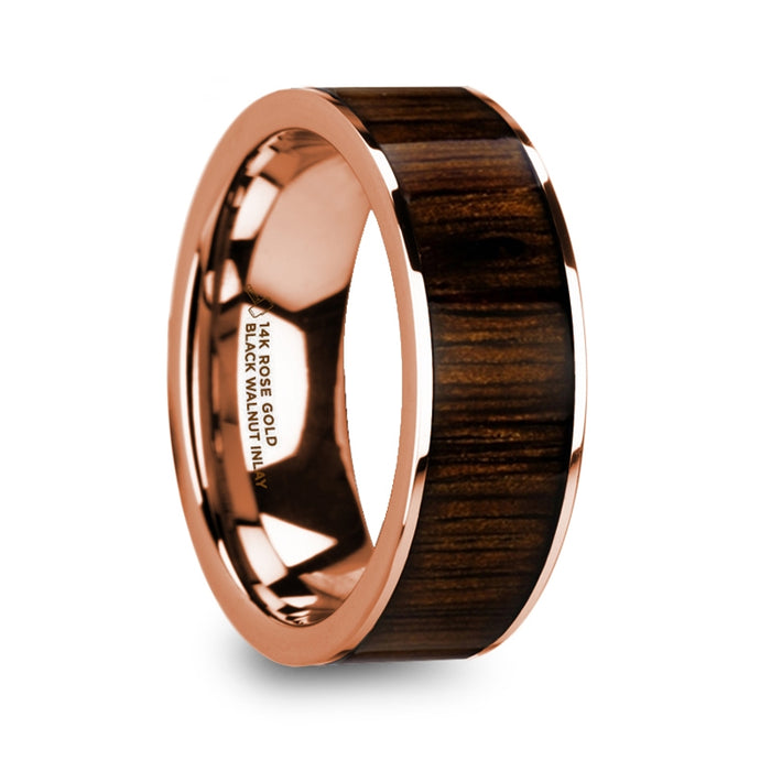 MITSOS Polished 14k Rose Gold Men’s Ring with Black Walnut Wood Inlay - 8mm