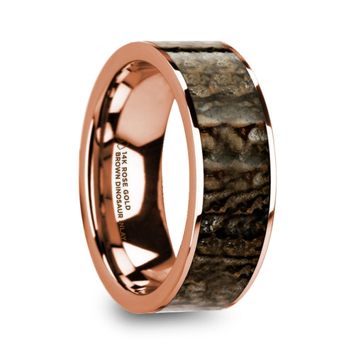 ORESTE Polished 14k Rose Gold Men’s Flat Wedding Ring with Brown Dinosaur Bone Inlay - 8mm