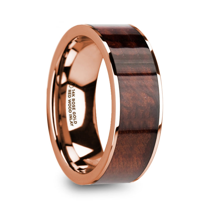 ROUVIN Polished 14k Rose Gold Men’s Wedding Band with Red Wood Inlay - 8mm