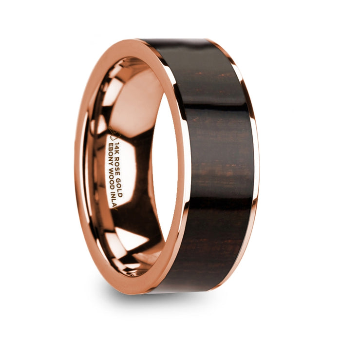SERAPHIM Men’s Polished 14k Rose Gold with Ebony Wood Inlay Wedding Ring - 8mm