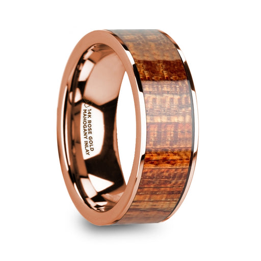 OLYMPIAS 14k Rose Gold & Mahogany Wood Inlaid Men’s Wedding Band with Polished Finish - 8mm