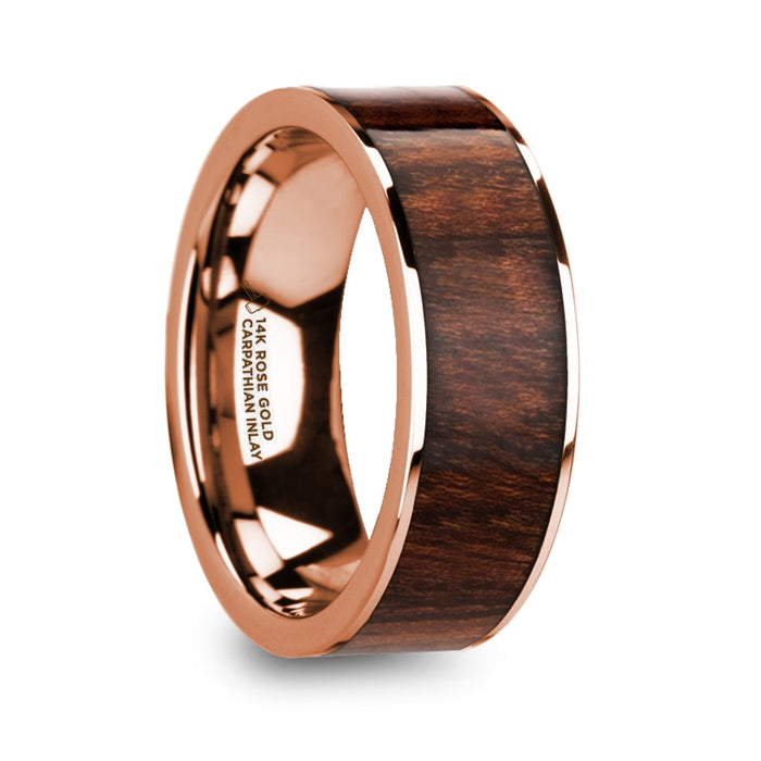 OLYMPOS Polished 14k Rose Gold Men’s Wedding Ring with Carpathian Wood Inlay - 8mm