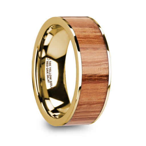 PANTHER Polished 14k Yellow Gold Men’s Wedding Ring with Red Oak Wood Inlay - 8mm