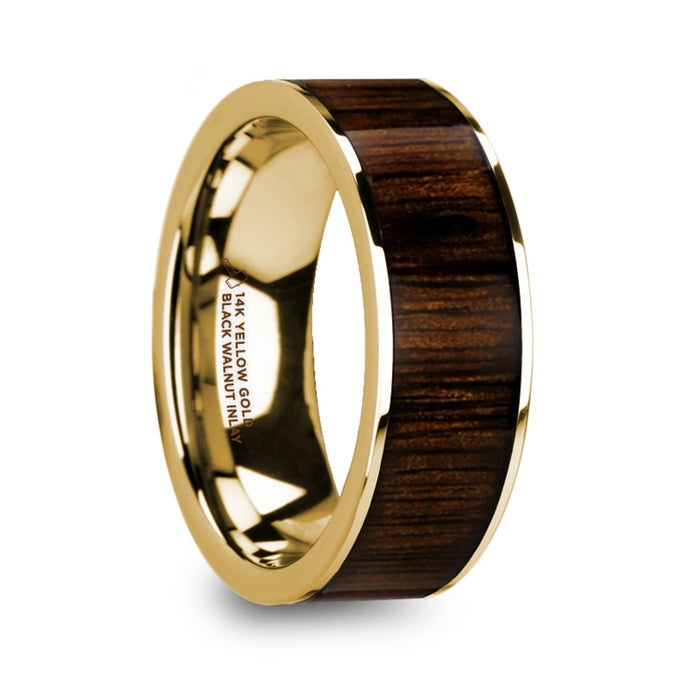 PELAGIA Men’s Polished 14k Yellow Gold with Black Walnut Inlay Wedding Ring - 8mm