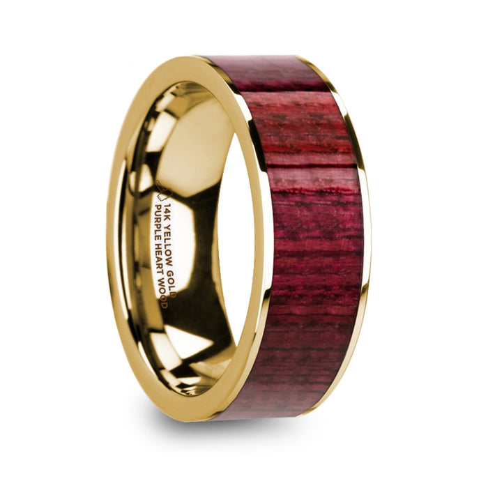 PHILO Polished 14k Yellow Gold Men’s Wedding Ring with Purpleheart Wood Inlay - 8mm