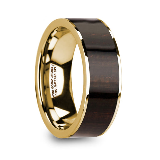 SYMEON Men’s Polished 14k Yellow Gold Flat Wedding Ring with Ebony Wood Inlay - 8mm