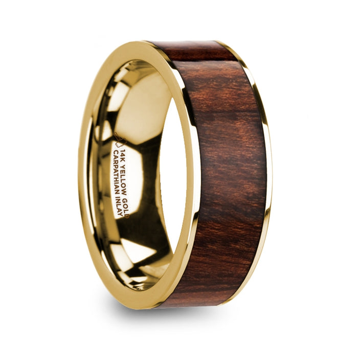SOPHUS Men’s 14k Yellow Gold Polished Flat Wedding Ring with Carpathian Wood Inlay - 8mm
