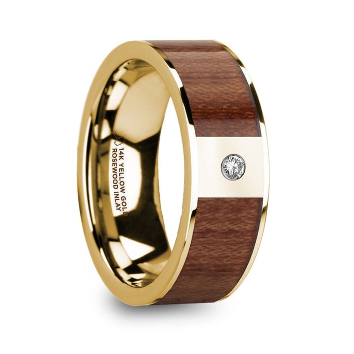 STEPHANOS Men’s Polished 14k Yellow Gold & Rosewood Inlay Flat Wedding Ring with Diamond - 8mm