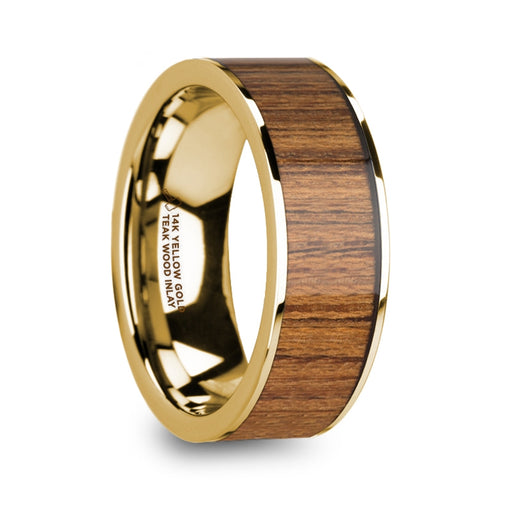 TERIS Men’s Polished 14k Yellow Gold Wedding Ring with Teak Wood Inlay - 8mm