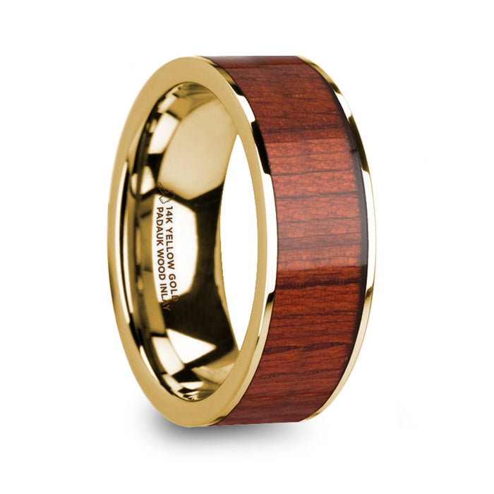USIRIS Padauk Wood Inlaid 14k Yellow Gold Flat Wedding Ring with Polished Finish - 8mm
