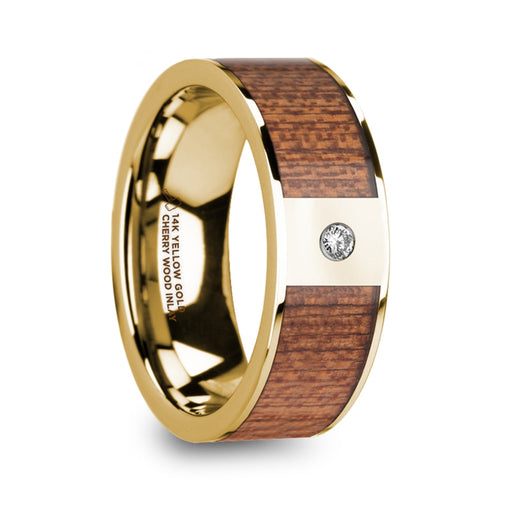 VANGELIS Men’s Diamond Center Polished 14k Yellow Gold Wedding Ring with Cherry Wood Inlay - 8mm