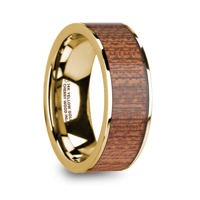 VASILIOS Cherry Wood Inlaid Polished 14k Yellow Gold Men’s Flat Wedding Ring - 8mm