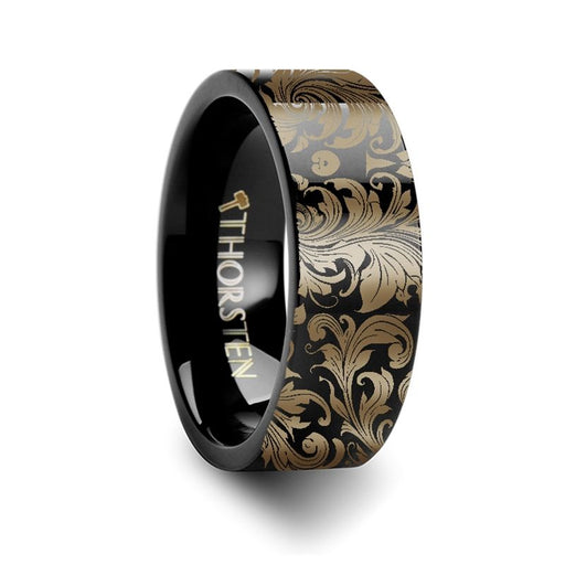 Filigree Leaf Pattern Black Tungsten Engraved Ring - 4 mm - 12 mm