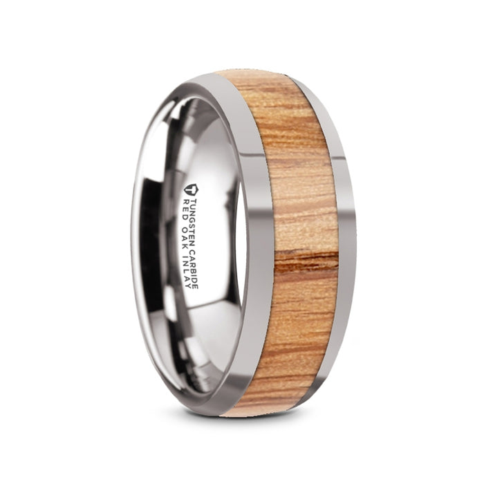 CINDER Polished Edges Domed Tungsten Men’s Wedding Band with Red Oak Wood Inlay - 8mm