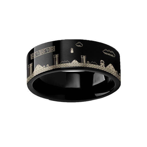 Engraved Super Mario Bros Pixel Level Game Black Tungsten Ring - 4mm - 12mm