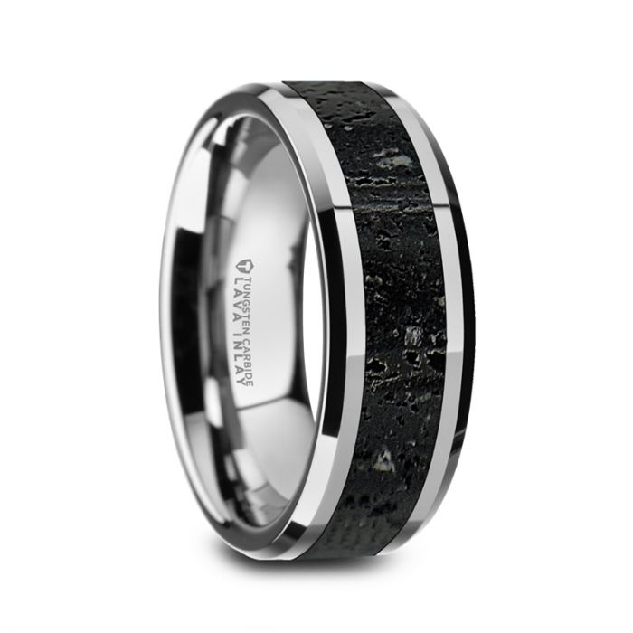 KILAUEA Men’s Polished Tungsten Wedding Band with Black & Gray Lava Rock Stone Inlay & Polished Beveled Edges - 8mm