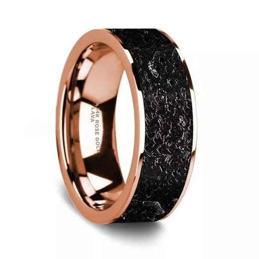 Flat Polished 14K Rose Gold Wedding Ring with Lava Rock Inlay - 8 mm