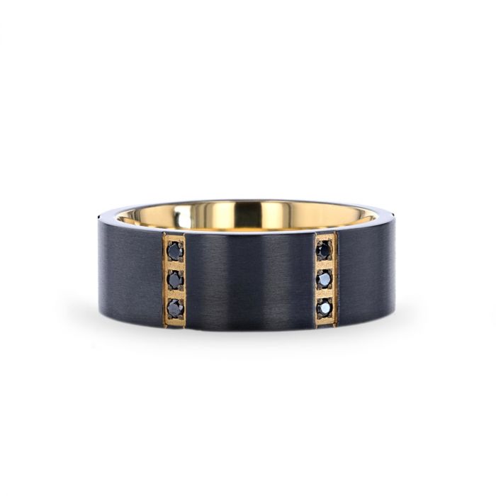 MURAMASA Flat Brushed Black Titanium Ring Gold Plated Inside with 6 Gold Plated Stainless Steel Bezels Triple Black Diamond Setting - 8mm