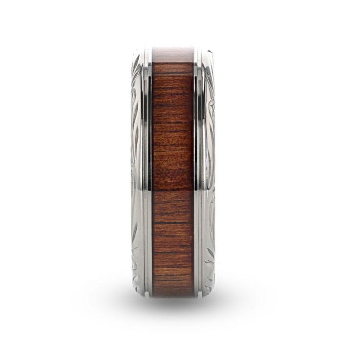 OHANA Koa Wood Inlaid Titanium Men’s Wedding Ring with Intricate Edges - 6mm - 10mm