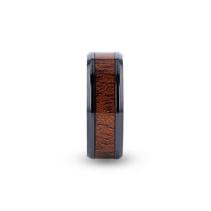 DOMINICA Black Titanium Band with Polished Bevels and Exotic Mahogany Hard Wood Inlay - 8 mm