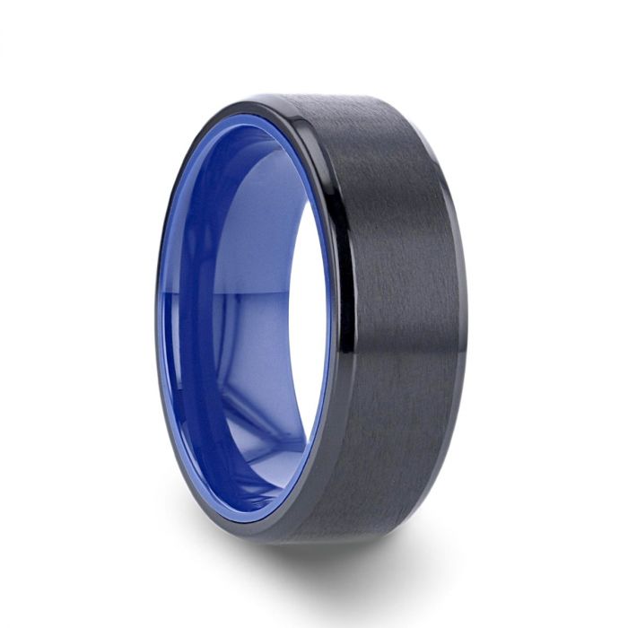 CASTOR Beveled Edges Black Titanium Ring with Brushed Center and Vibrant Blue Inside - 8 mm