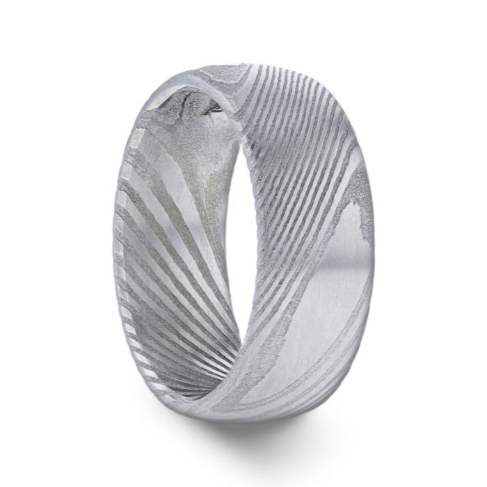THEON Domed Brushed Damascus Steel Men’s Wedding Band with A Vivid Etched Design- 6mm & 8mm