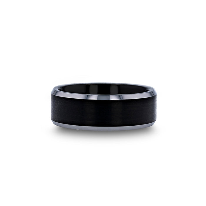 ATNOS Brushed Black Center Polished Beveled Edges Men’s Titanium Wedding Ring - 6mm & 8mm