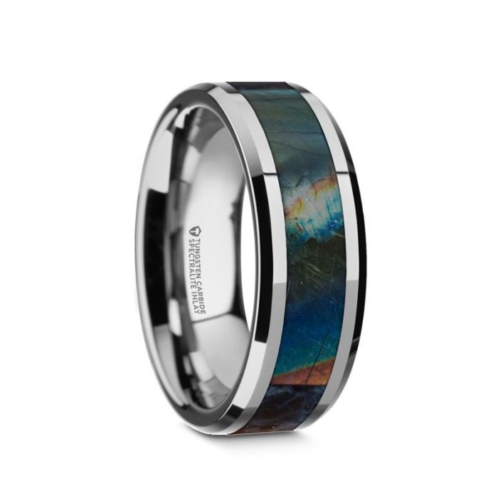 ESSENCE Beveled Tungsten Carbide Wedding Ring with Spectrolite Inlay Polished Finish - 8mm