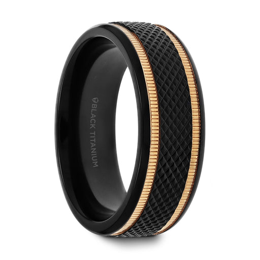 BAROQUE Black Titanium Diamond Pattern Brushed Finish Men’s Wedding Ring with Gold Milgrain Grooves - 8mm