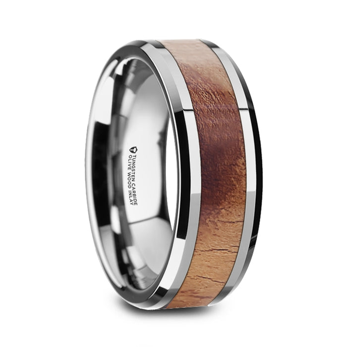 BELDI Olive Wood Inlaid Tungsten Carbide Ring with Bevels - 8mm