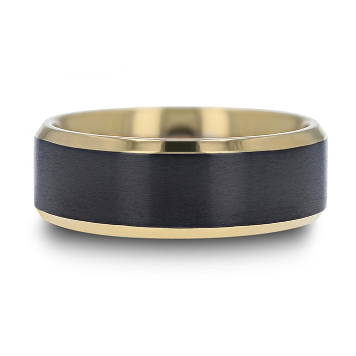 BEAUMONT Gold Plated Black Titanium Polished Beveled Ring with Brushed Center - 8 mm