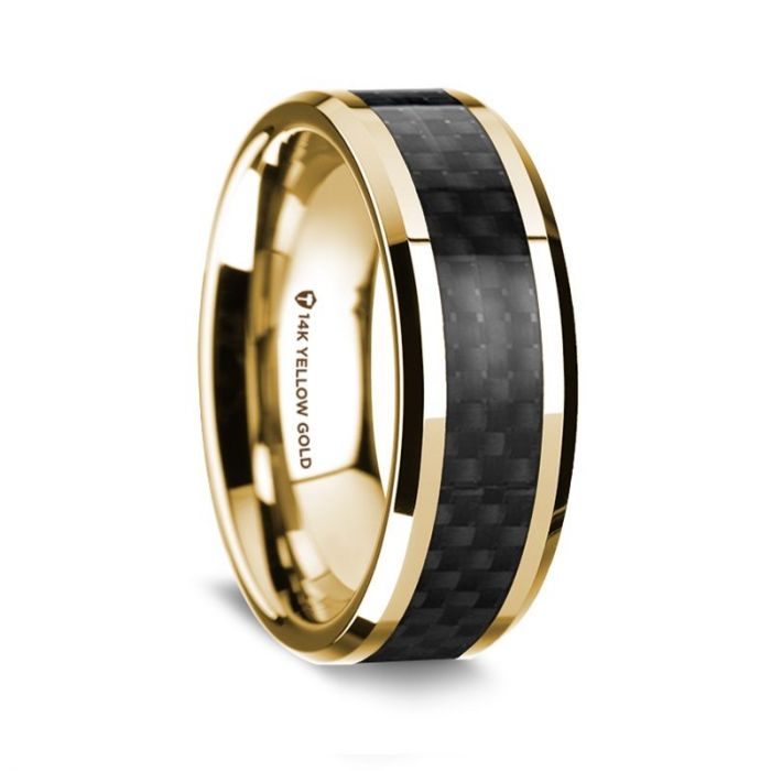 14K Yellow Gold Polished Beveled Edges Wedding Ring with Black Carbon Fiber Inlay - 8 mm
