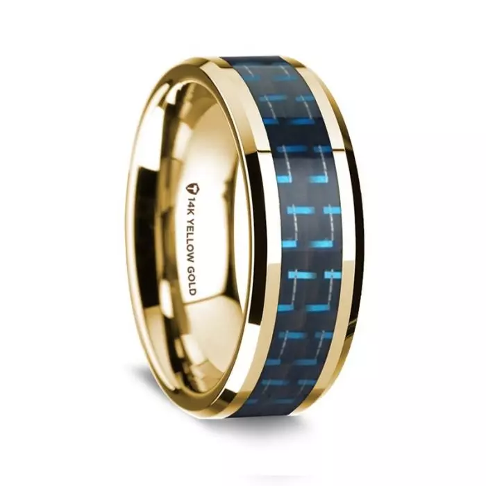 14K Yellow Gold Polished Beveled Edges Wedding Ring with Black and Blue Carbon Fiber Inlay - 8 mm