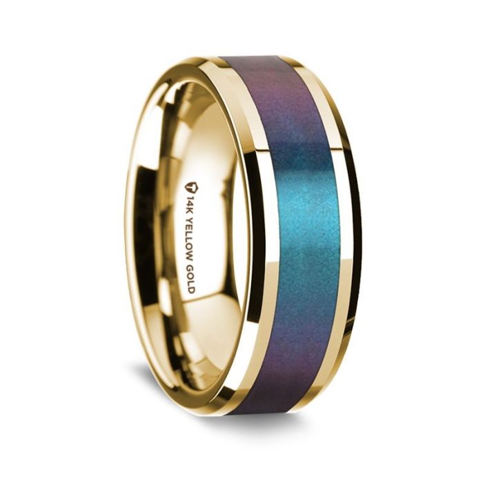 14K Yellow Gold Polished Beveled Edges Wedding Ring with Blue and Purple Color Changing Inlay - 8 mm