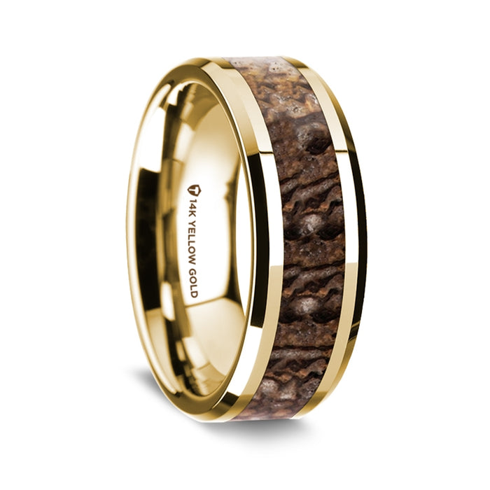 14K Yellow Gold Polished Beveled Edges Wedding Ring with Brown Dinosaur Bone Inlay - 8 mm