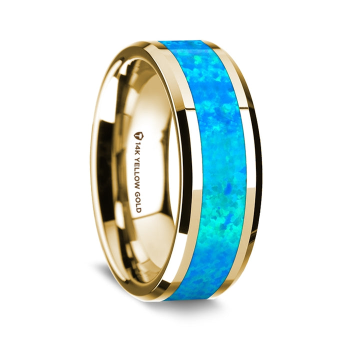 14K Yellow Gold Polished Beveled Edges Wedding Ring with Blue Opal Inlay - 8 mm