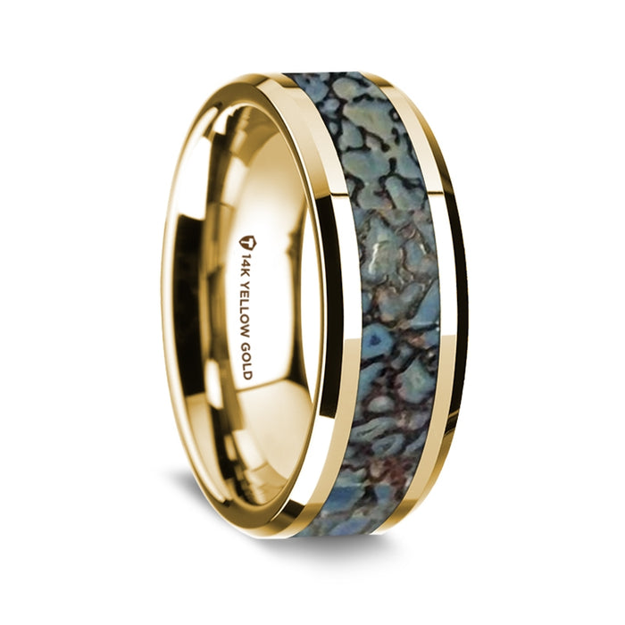 14K Yellow Gold Polished Beveled Edges Wedding Ring with Blue Dinosaur Bone Inlay - 8 mm