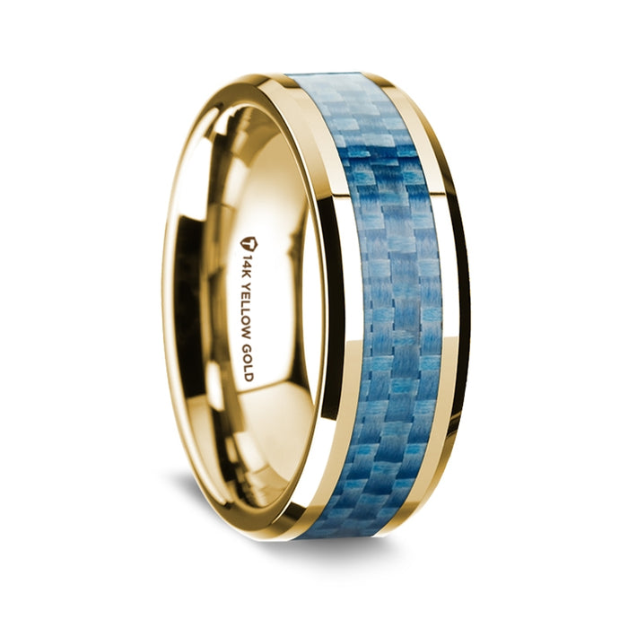 14K Yellow Gold Polished Beveled Edges Wedding Ring with Blue Carbon Fiber Inlay - 8 mm