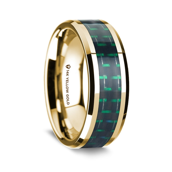14K Yellow Gold Polished Beveled Edges Wedding Ring with Black and Green Carbon Fiber Inlay - 8 mm