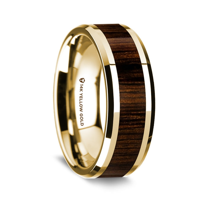 14K Yellow Gold Polished Beveled Edges Wedding Ring with Black Walnut Wood Inlay - 8 mm