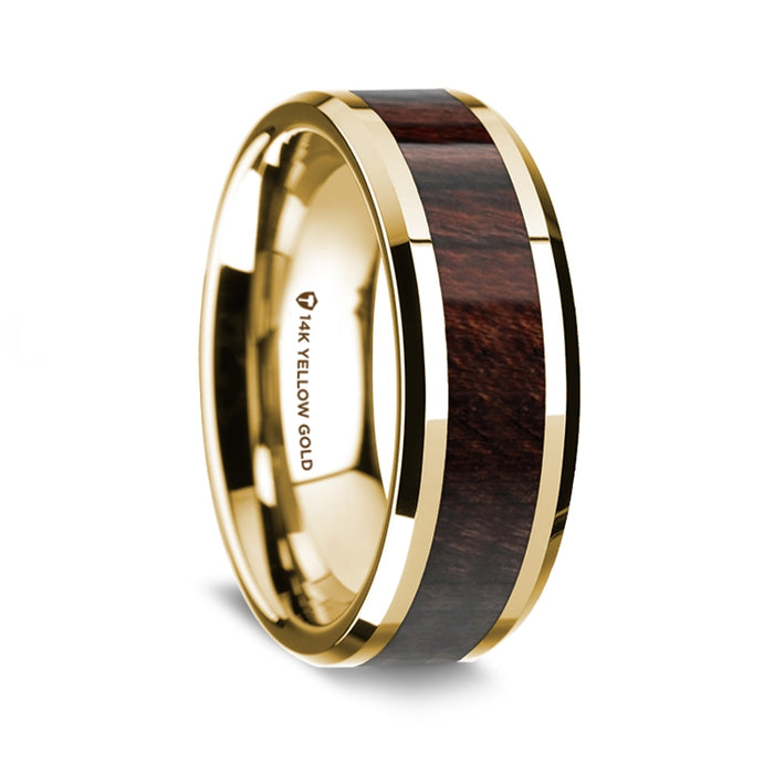 14K Yellow Gold Polished Beveled Edges Wedding Ring with Bubinga Inlay - 8 mm