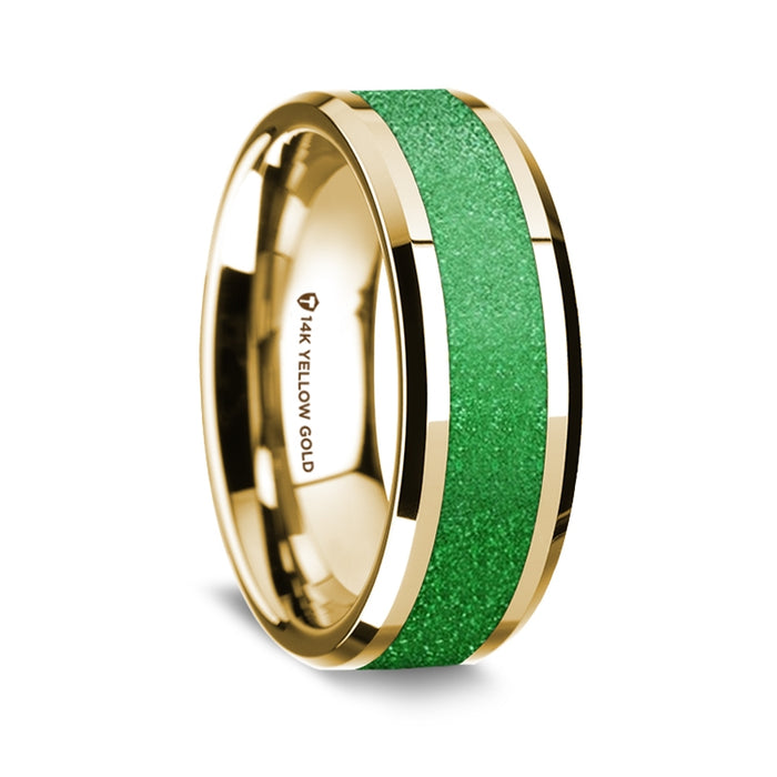 14k Yellow Gold Polished Beveled Edges Wedding Ring with Sparkling Green Inlay - 8 mm