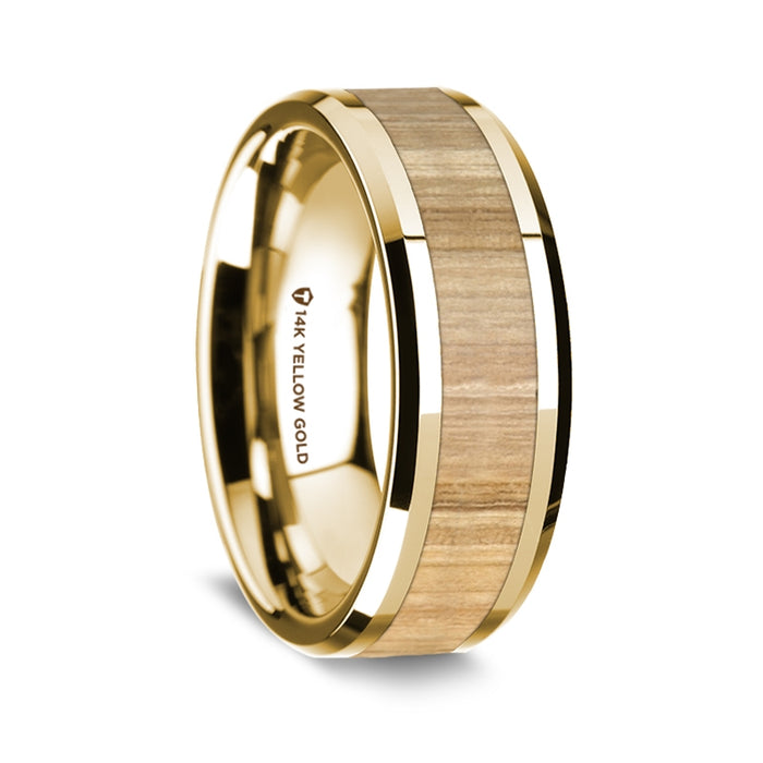14K Yellow Gold Polished Beveled Edges Wedding Ring Ash Wood Inlay - 8 mm