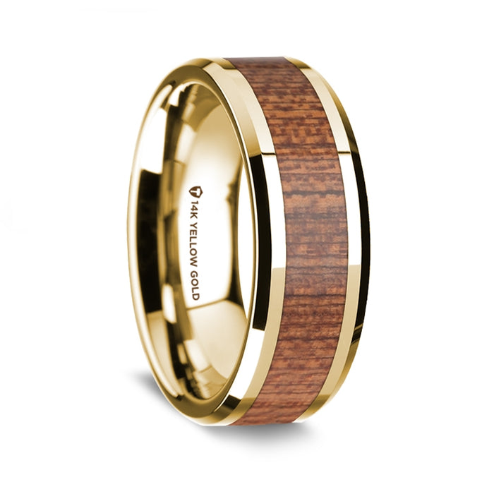 14K Yellow Gold Polished Beveled Edges Men's Wedding Band with Cherry Wood Inlay - 8 mm