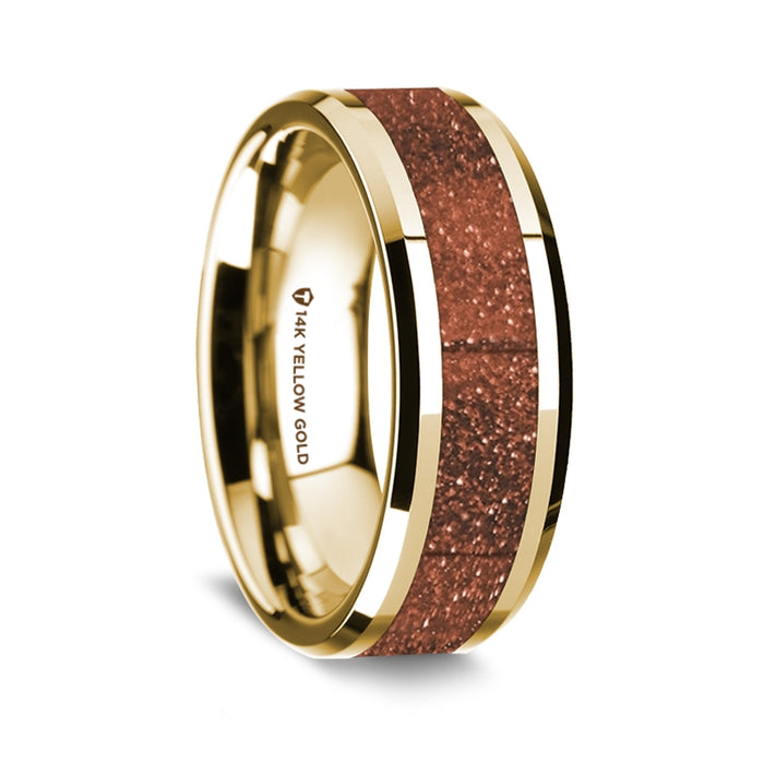 14K Yellow Gold Polished Beveled Edges Wedding Ring with Orange Goldstone Inlay - 8 mm